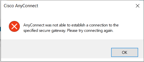  Anyconnect no pudo establecer una conexión con la puerta de enlace segura especificada.